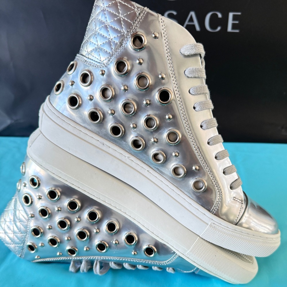 Versace Versus Men's Silver Riveted High Top‎ Leather Sneakers, 39 - Picture 10 of 15